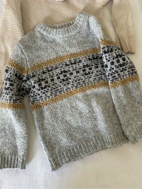 Zara kids - boys size 5Cozy Grey Fair Isle Crewneck Sweater with Mustard Accents